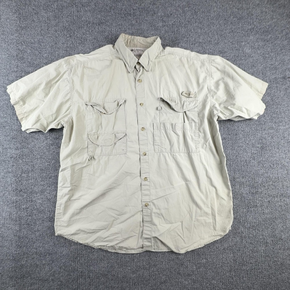 Columbia PFG Shirt Mens Large Beige Short Sleeve Fishing Button‎ Front Utility